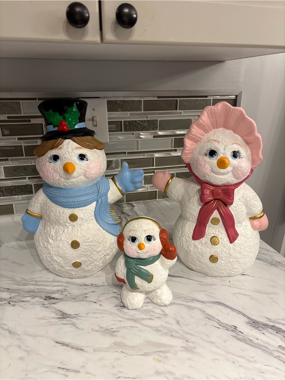 Vintage Holland Mold Snowman family textured ceramic Mr & Mrs and baby snowman